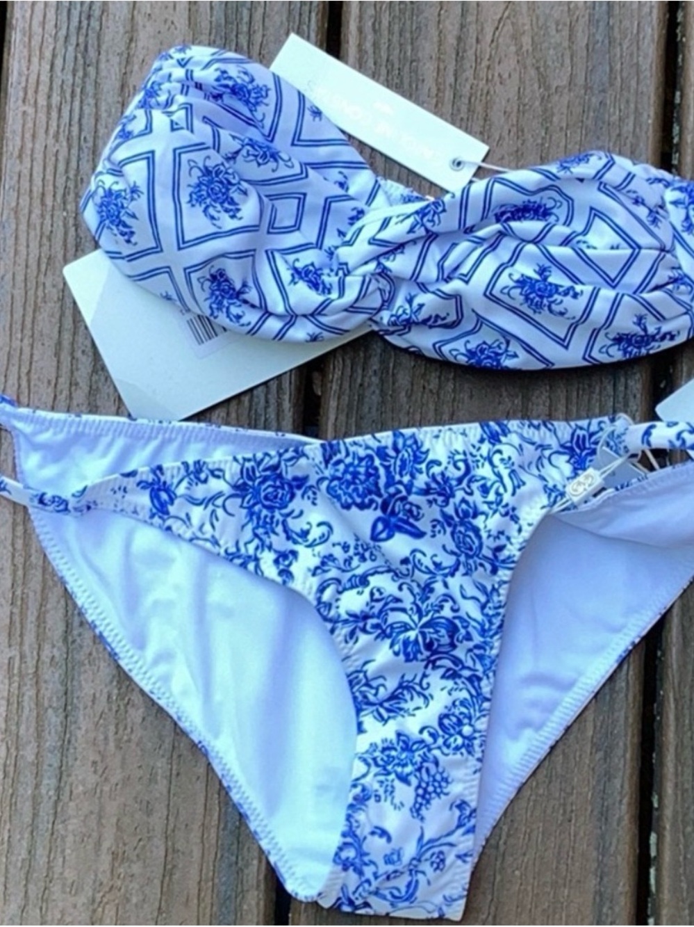 New Caroline Constas White and Blue Floral Bandeau Bikini Set